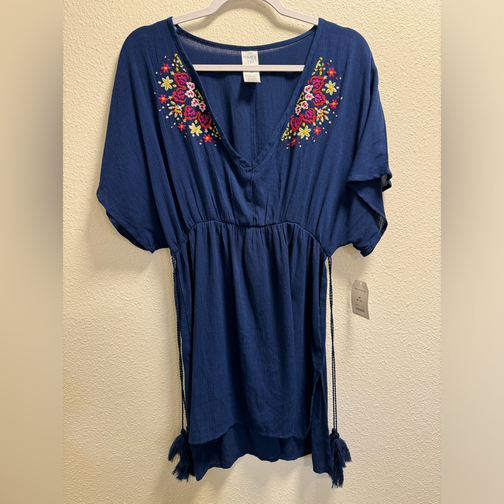 Time And True Embroidered Dolman Tie Swim Cover Up Dress Floral Tassels Medium